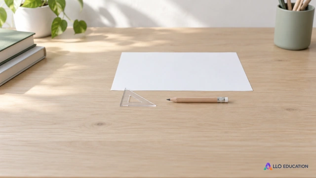 Une petite équerre transparente et un crayon entiers, disposés horizontalement au centre d’une table claire près d’une feuille vierge.