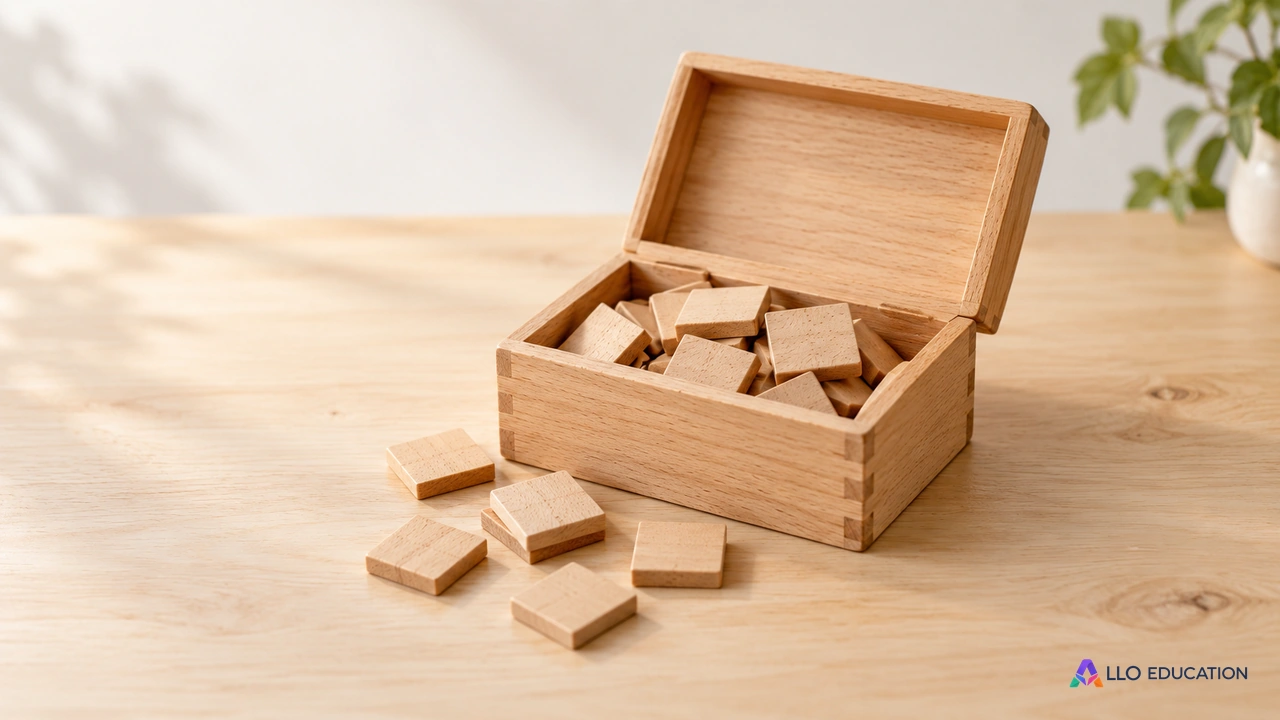 Une boîte de jetons carrés de bois vierges sur une table.
