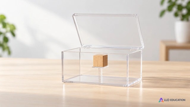Une boîte transparente évoque une position à décrire en trois directions.