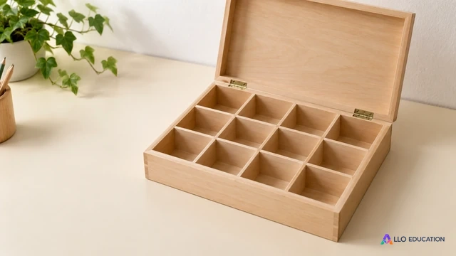Une boîte fictive en bois clair présente des compartiments vides sur une table claire, sans inscription.